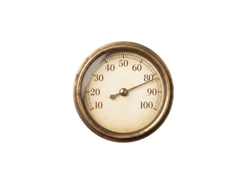 Vintage brass pressure gauge dial. Round mechanical meter with numbers from ten to one hundred and pointing needle. Retro industrial measuring instrument isolated on white background.