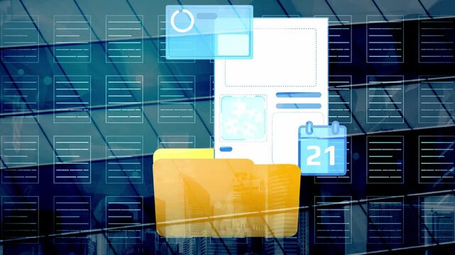 Digital Interface Design Elements Overlaid on Modern Glass Building Reflection, Showcasing Technology, Business, Planning, and Organization Concepts. Entropy.