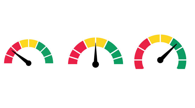 Performance speedometer gauge icons in red yellow and green, credit score meter set, dashboard level indicators for risk and speed analysis
