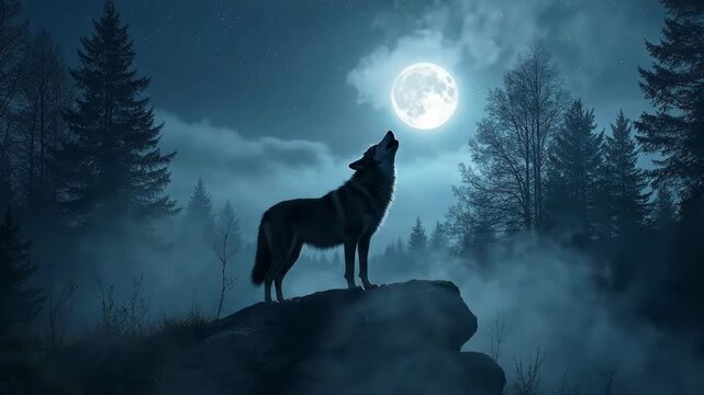 A majestic wolf howls at a luminous full moon in a mystical, foggy forest at night.
