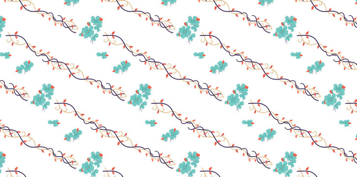 Decorative seamless pattern featuring winding vines and elegant teal flowers, a vibrant natural motif for various design projects