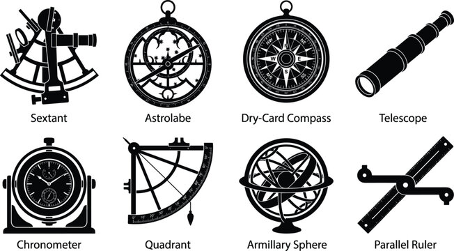 Vintage nautical navigation tools icon set featuring labeled sextant astrolabe compass telescope chronometer quadrant armillary sphere ruler vector
