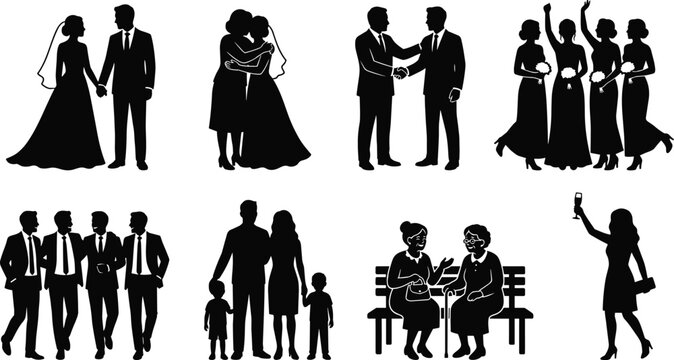 Wedding party and family silhouette icon set featuring bride groom bridesmaids groomsmen family and guests vector
