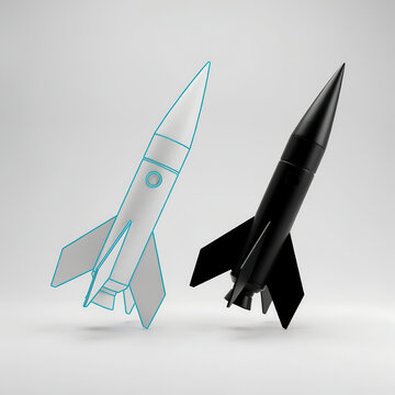 A space rocket shown as a wireframe and a solid black silhouette isolated on white background. This visual represents innovation and tech development processes.