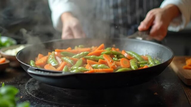 Chef stir-frying vibrant fresh vegetables in a hot pan with steam rising.