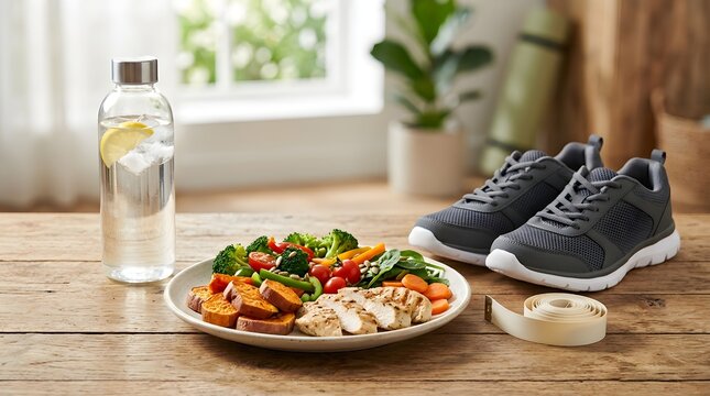 Health-conscious adult preparing balanced meal with fresh vegetables, grilled chicken, and lemon water for fitness routine