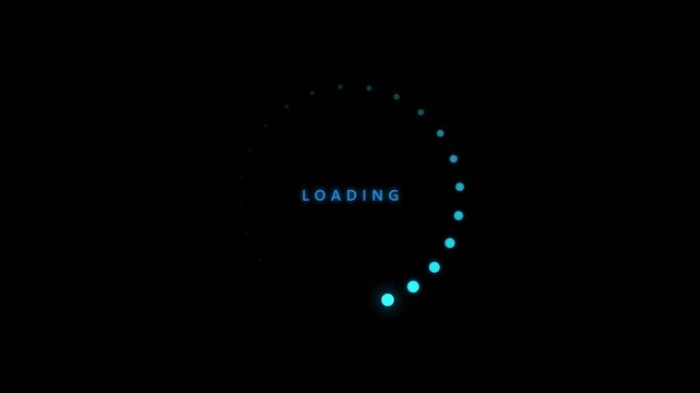 Neon blue circular loading progress bar animation on black background, indicator buffer spinning
