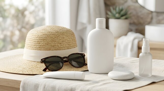 Womans summer skincare and sun protection essentials arranged on neutral linen with natural daylight