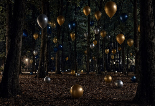 Floating Balloons Illuminated Inside Mysterious Forest Pathway At Night