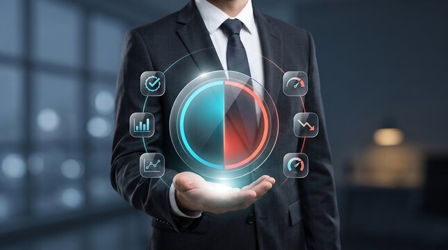 Business leader showcasing digital interface with split screen showing quality and cost comparison charts for strategic business decision making and operational analysis
