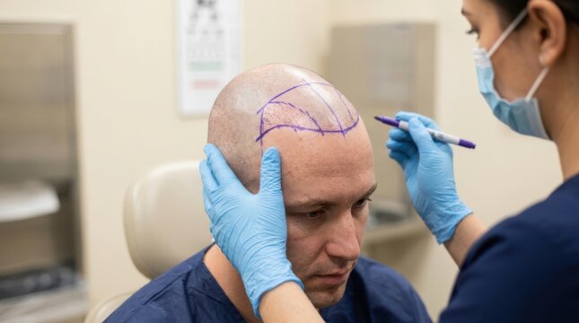Medical professional in blue gloves marking a male patient's shaved scalp for a hair transplant.