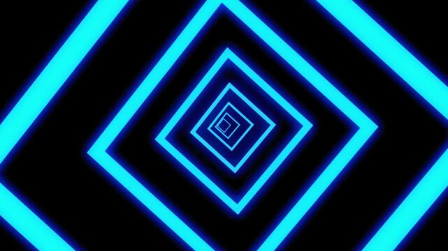 Abstract Blue Neon Squares Tunnel Animation on Black Background.