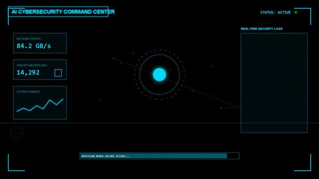 Futuristic digital dashboard interface with glowing blue hud elements, data visualization, network monitoring, cyber security analytics, connectivity and streaming patterns