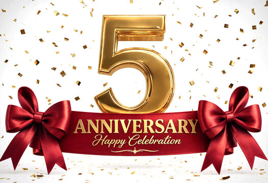 Golden five anniversary celebration banner with red ribbon and confetti
