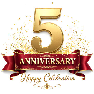 Golden five anniversary celebration design with decorative confetti and ribbon