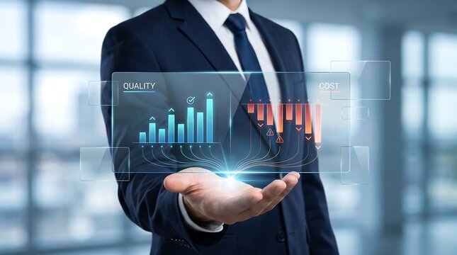 Corporate leader interacting with holographic display showing business quality versus cost performance trends to optimize operational workflows and financial outcomes
