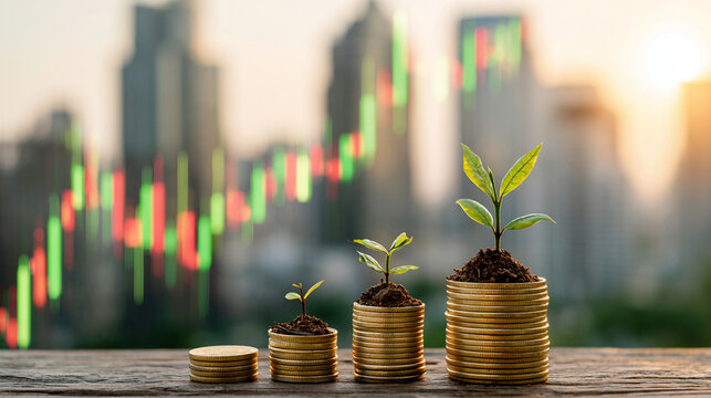 Stack of coins with small growing plant and financial stock chart

