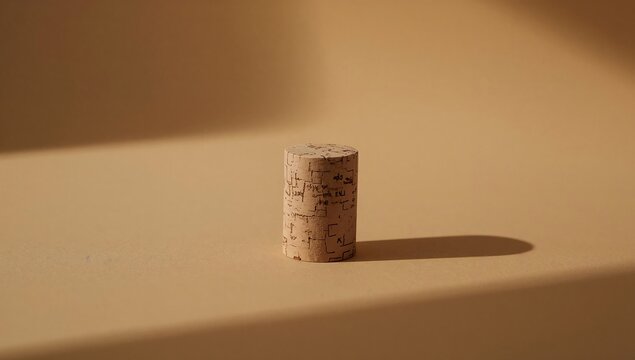 Generative AI a cork standing upright on a beige surface with shadow