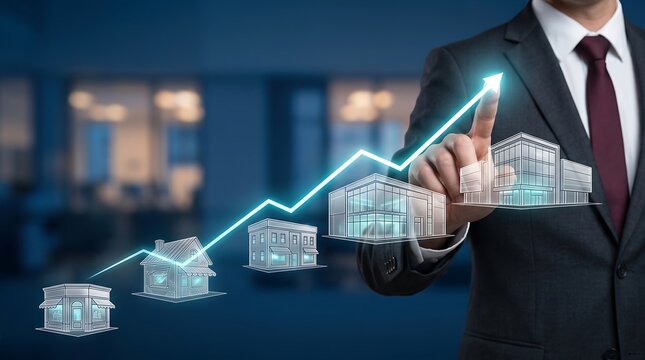 Corporate manager presenting business growth strategy with upward arrow chart showing transition from small shops to large commercial office complexes in digital format