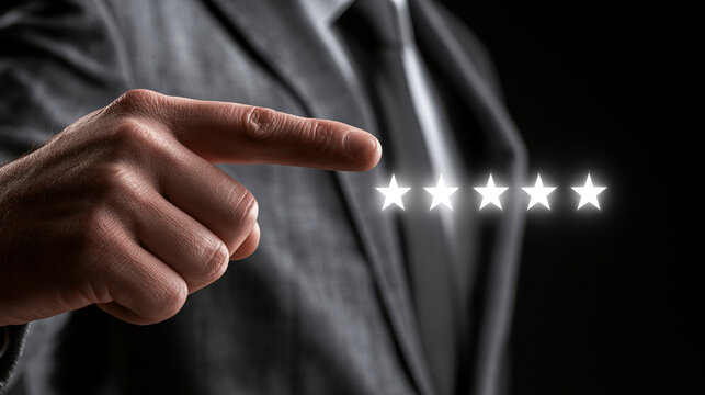 Businessman hand touching five glowing golden stars review customer rating concept

