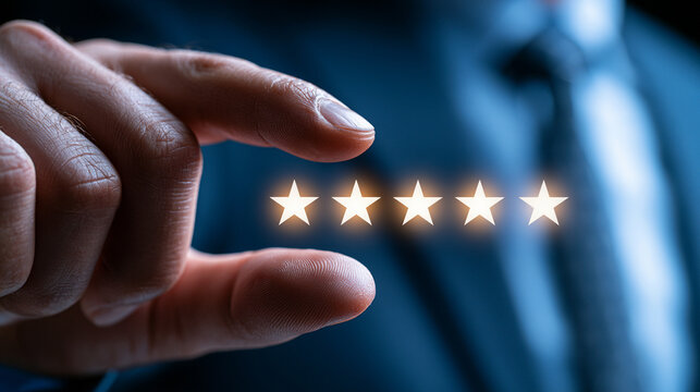 Businessman hand touching five glowing golden stars review customer rating concept

