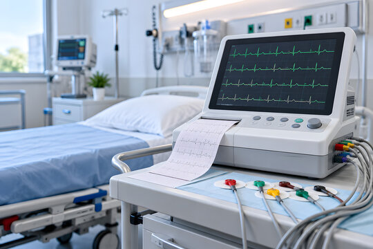 Modern electrocardiogram machine displaying active heart rate rhythm beside empty hospital bed with medical equipment in bright sterile clinical room.