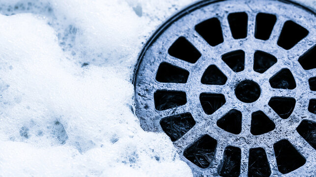 Top View Of White Bathroom Drain Clogged With Wet Hair Strands
