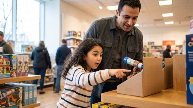 Excited girl points toward a science playset while her father looks on in a bright department store toy area, capturing family shopping, discovery, imaginative play, curiosity, and a joyful choice