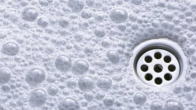 Top View Of White Bathroom Drain Clogged With Wet Hair Strands
