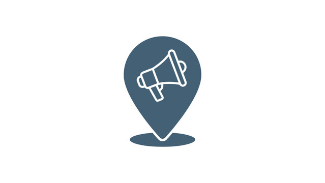 Blue navigation map pin icon featuring a white megaphone design for digital marketing and location awareness