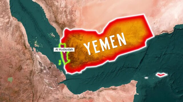 Dynamic motion graphics map highlighting Yemen and its capital city Al Hudaydah