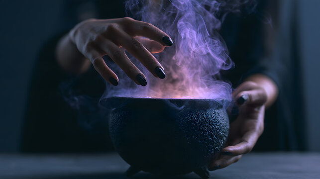 Witch's hands with black nail polish hovering over a small black cast iron cauldron spewing purple magical smoke. Mysterious Halloween alchemy, potion brewing, and magic spell concept photo