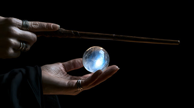 Wizard's hand holding a wooden magic wand over a floating glowing blue orb crystal ball isolated on black background. Witchcraft spell casting, magic trick, and Halloween stock photo