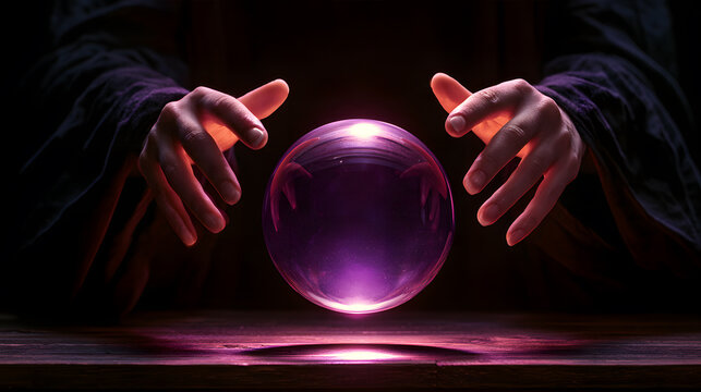 Fortune teller's hands hovering over a glowing purple crystal orb on a dark wooden table. Mysterious Halloween divination, psychic scrying, and occult magic spell concept image