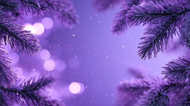 Violet winter background with frosted pine branches and bokeh