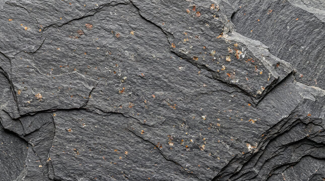 Close up of dark grey slate stone texture with natural mineral inclusions and layered rock surface