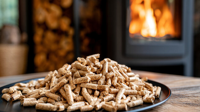 Heap of natural wooden fuel pellets on plate near cozy fireplace
