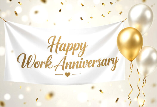 Happy Work Anniversary Celebration Banner with Balloons and Confetti Decorations