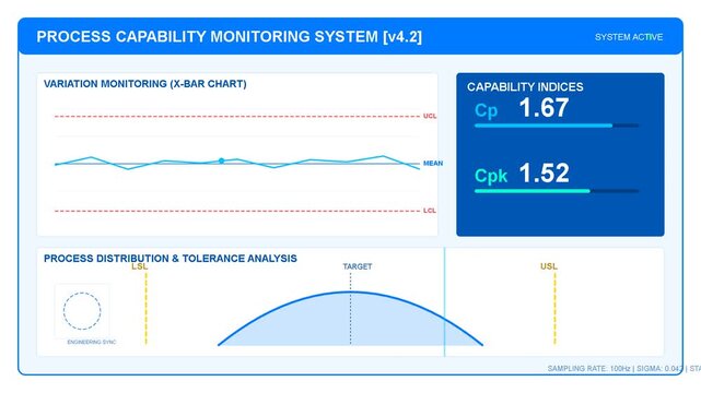 Digital process capability monitoring system dashboard showing Cp and Cpk performance analysis metrics with real time data trend charts