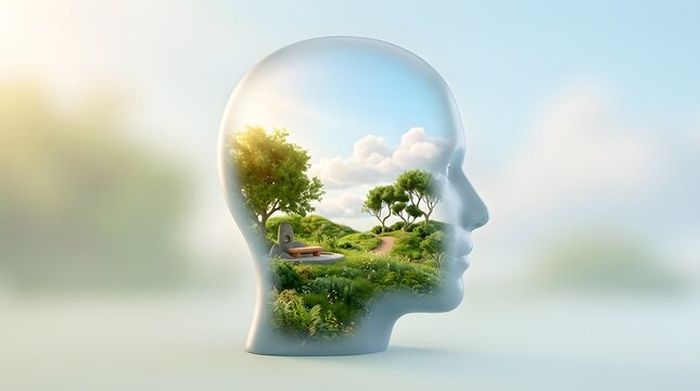 Transparent human head silhouette showcasing lush green landscape inside with serene outdoor scene