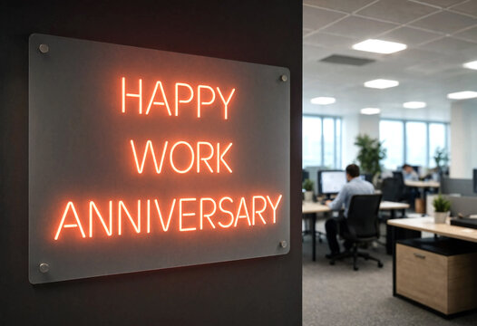Office celebrating work anniversary with illuminated sign in modern workspace