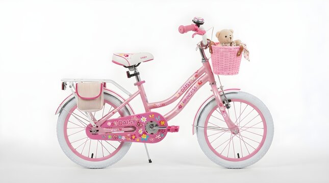 Charming pink girls bicycle with colorful floral designs featuring a teddy bear in a pink basket and rear side bag isolated on white