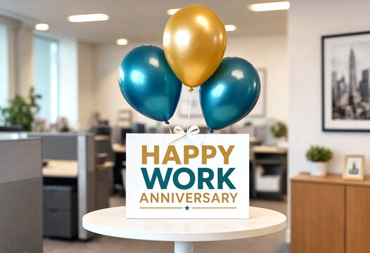 Office celebration sign with balloons for work anniversary event
