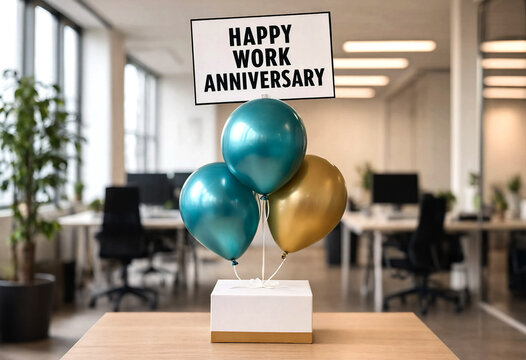 Office celebration with work anniversary balloons and sign on desk
