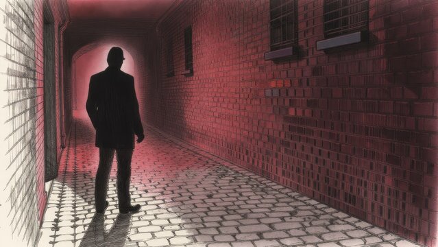 Mysterious Figure in a Dark Alley with Soft Red Lighting Effects
