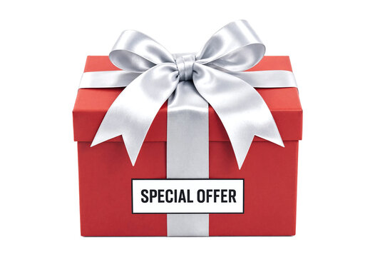 Red gift box with large decorative bow labeled special offer