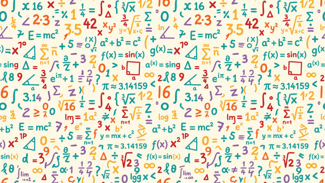 Abstract collage of mathematical equations and formulas on a white background. Flat vector illustration.