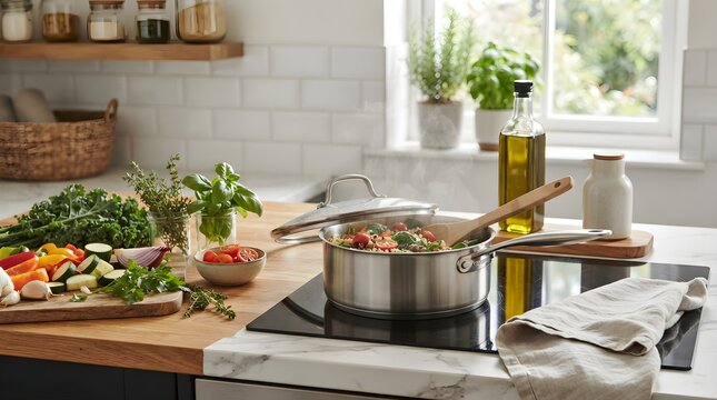 Professional chef preparing fresh tomato basil pasta on modern electric stove in bright kitchen