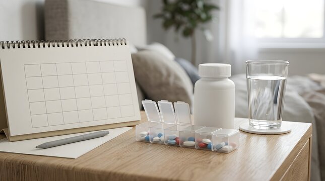 Adult organizing daily medication schedule on wooden table with calendar and water bottle