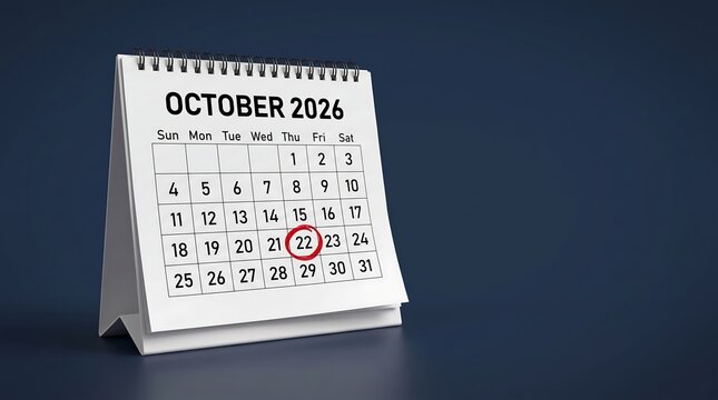 October 2026 desk calendar with circled date 22, professional office planner on dark blue background, monthly schedule for business appointment tracking and deadline management